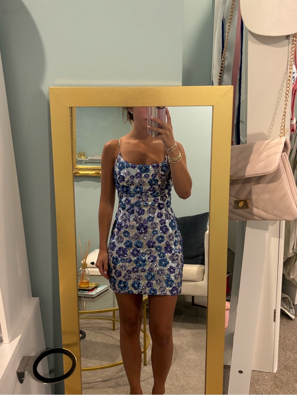 B Darlin Blue Sequin Floral Mini Dress